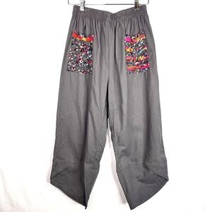 Minibee Boho Grey Linen Wide Leg Pants w/ Floral Pockets M